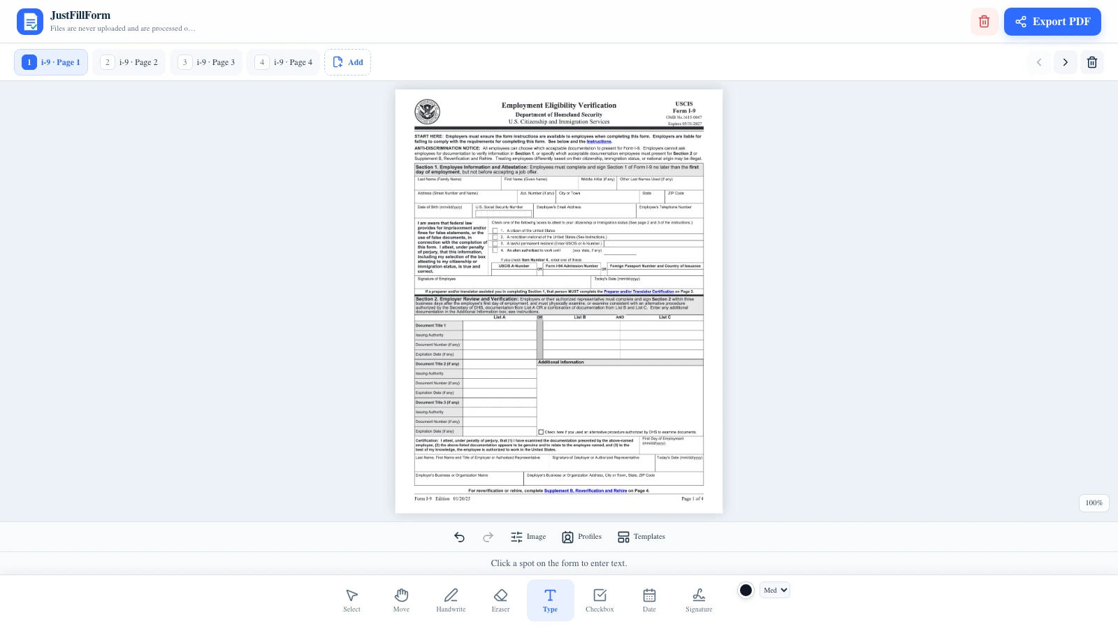 JustFillForm editor with all four blank I-9 pages imported and the text tool selected