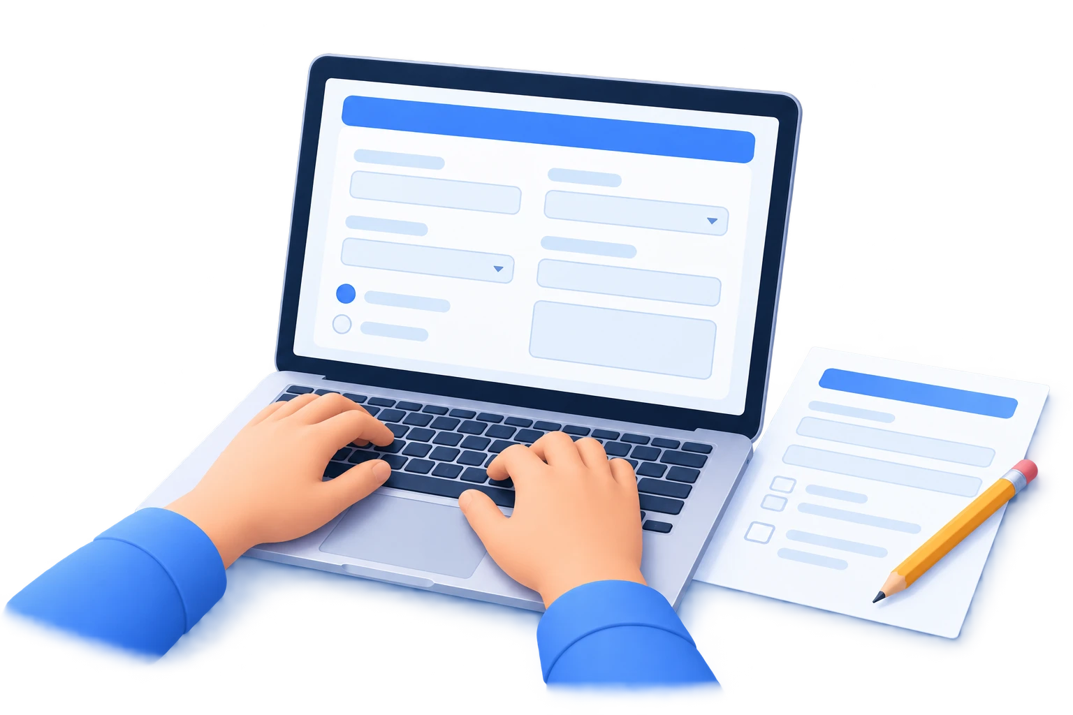 Illustration of hands typing on a laptop beside a blank form and pencil