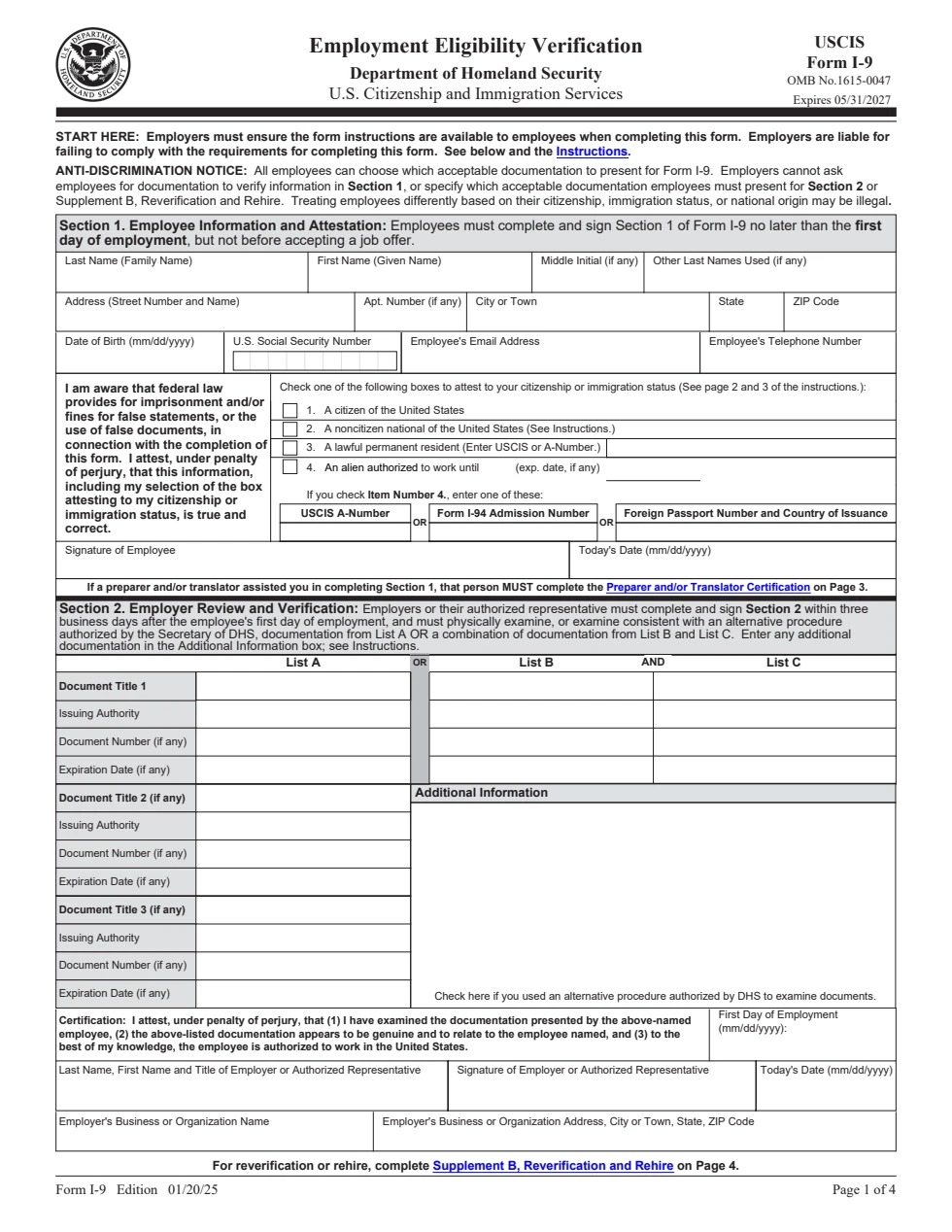 First page of blank official Form I-9, showing Section 1 and Section 2