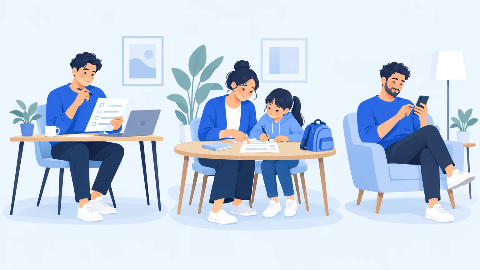 Illustration of office paperwork, a parent and child reviewing a school registration form, and a person filling a form on a phone