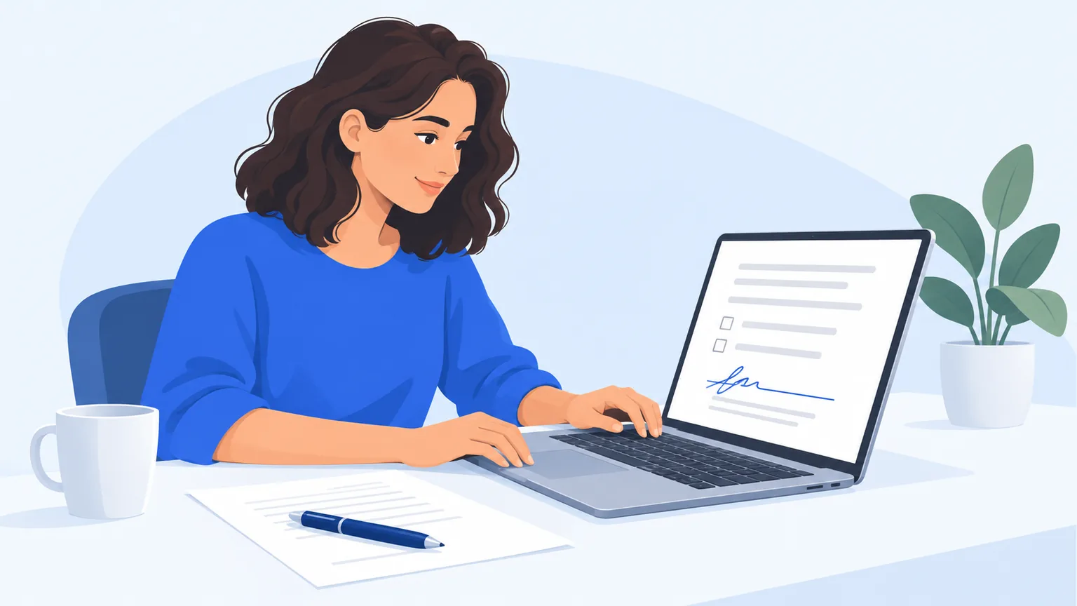 Illustration of a person manually completing a form on a laptop, with paper and a pen on the desk