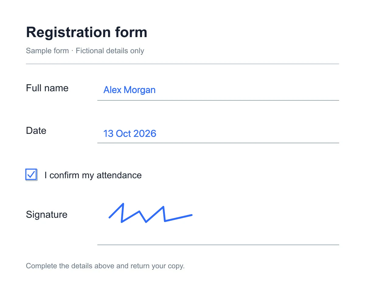The same sample registration form filled with a name, date, checkmark, and drawn signature in JustFillForm