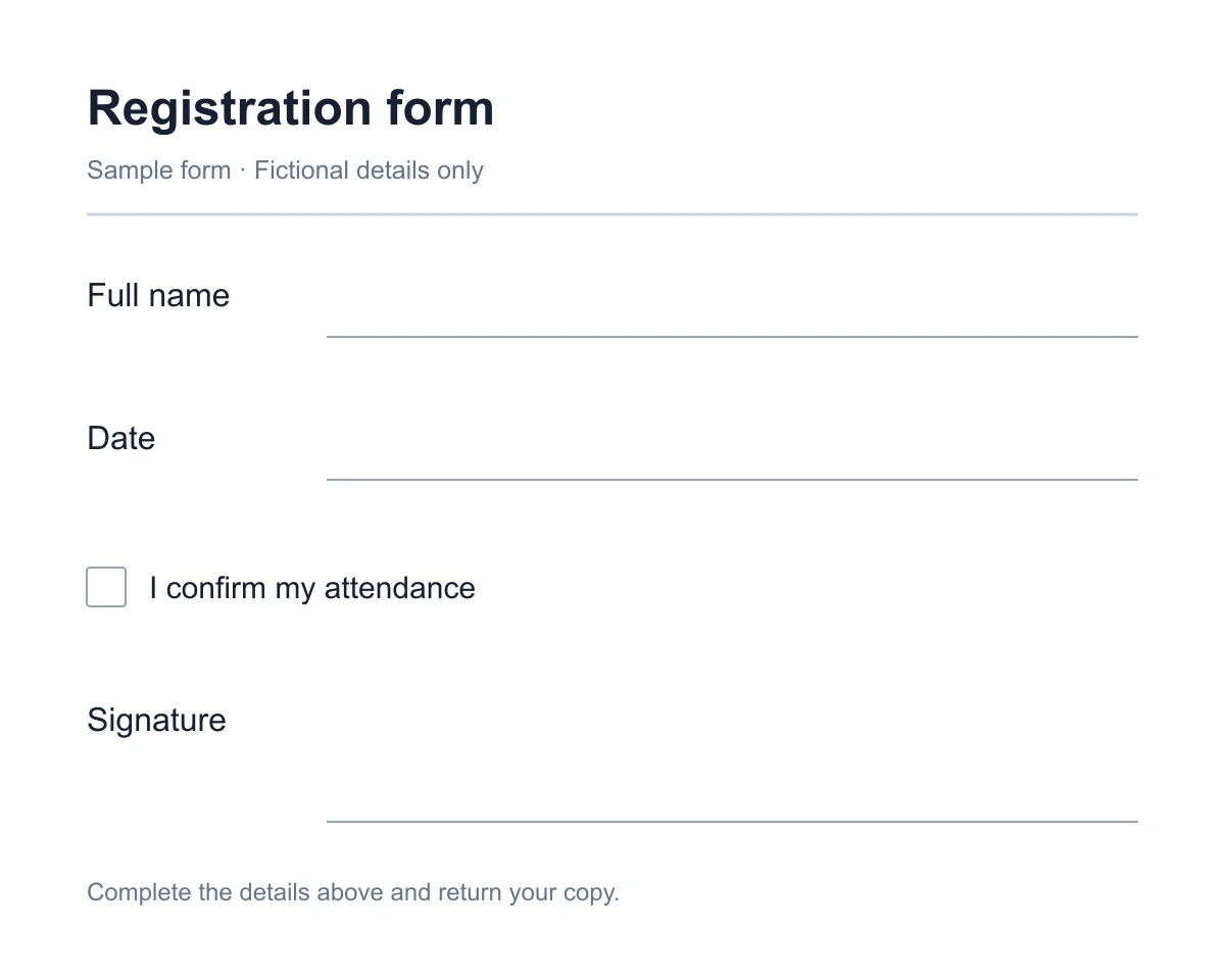 Blank sample registration form with name, date, checkbox, and signature fields